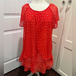 Tamara H. Women’s Size 2X Red + White Polka Dot Scoop Neck Ruffle Sleeve Blouse